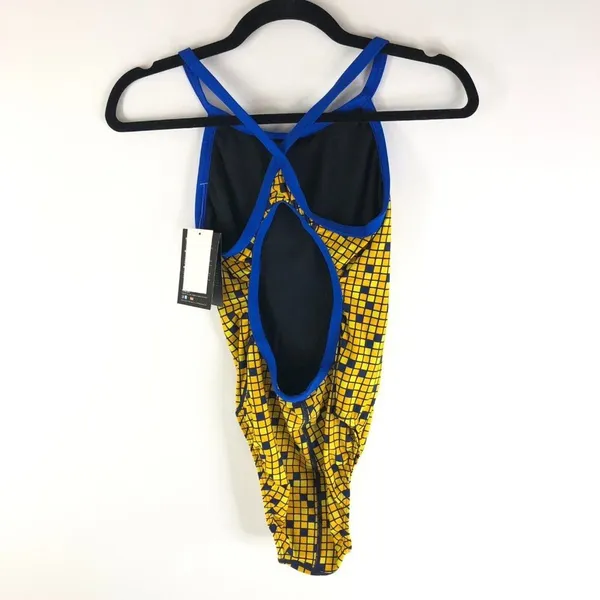 TYR Womens One Piece Swimsuit Diamondfit Open Back Geometric Yellow 34 US M - Image 2