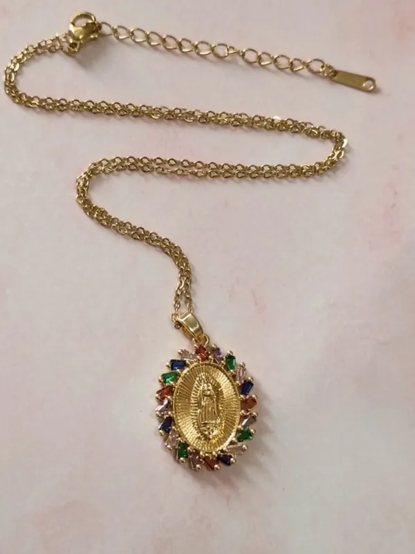 Gold Virgin Mary Pendant Necklace with Multicolored Stones - Image 2