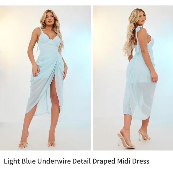 Pretty Little Thing Baby Blue Ruched Midi Dress | Romantic Wedding Guest Dress (US 2) - Image 2
