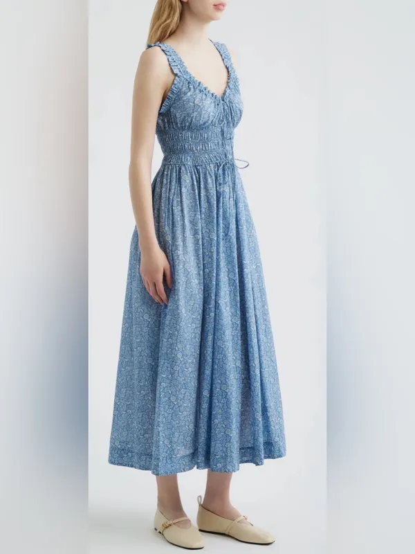 NEW DÔEN Ditsy Floral Organic Cotton Smocked Midi Blue Garden Bloom Dress sz XS - Image 5
