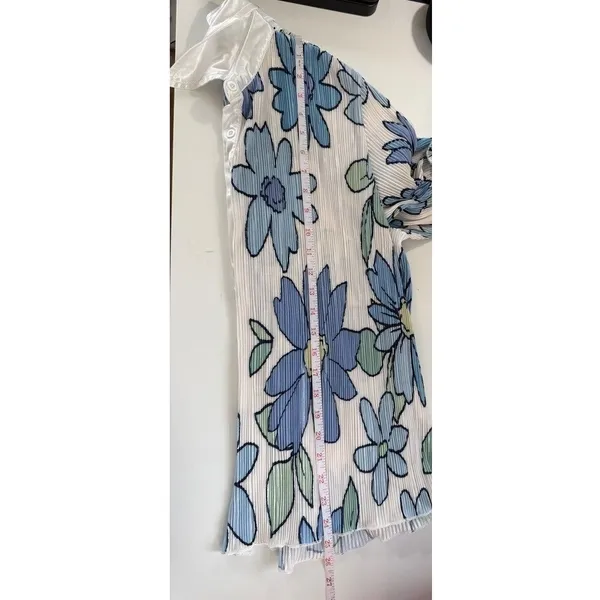 Peppermayo Blue Floral Plisse Button Down Shirt Size US 2 Long‎ Sleeve Pleated - Image 9