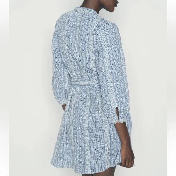 ZARA Crochet Daisy Blue &‎ White Gingham Rattan Belted Mini Dress Size Med - Image 2