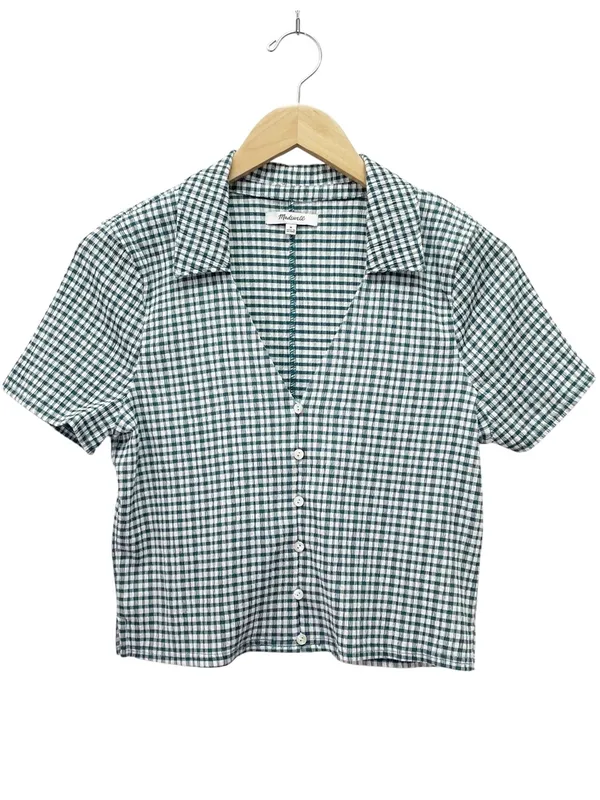 Madewell Mineral Blue Gingham Cropped Button Front Top Medium Stretch Plaid Y2K - Image 2