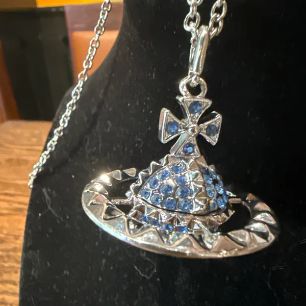 Statement Pavé Planet Pendant Necklace Blue - Image 4