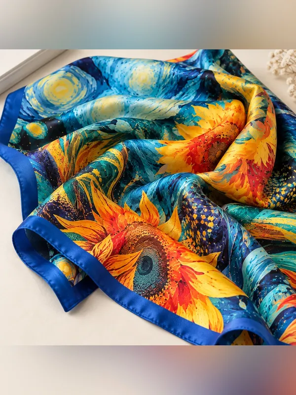 Van Gogh Inspired Starry Night Sunflower Scarf Blue Yellow Art Print Shawl - Image 3
