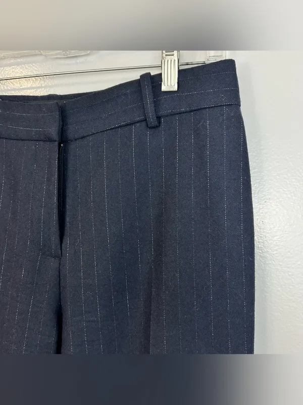 Equiptment Navy Blue Wool Blend Metallic Pinstripe Wide Leg Trouser Pants Sie 6 - Image 4