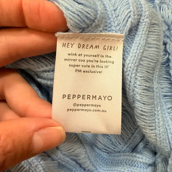 Peppermayo Angels Wing Mini Dress Light Blue Distressed Knit Cutout S/M NEW - Image 7