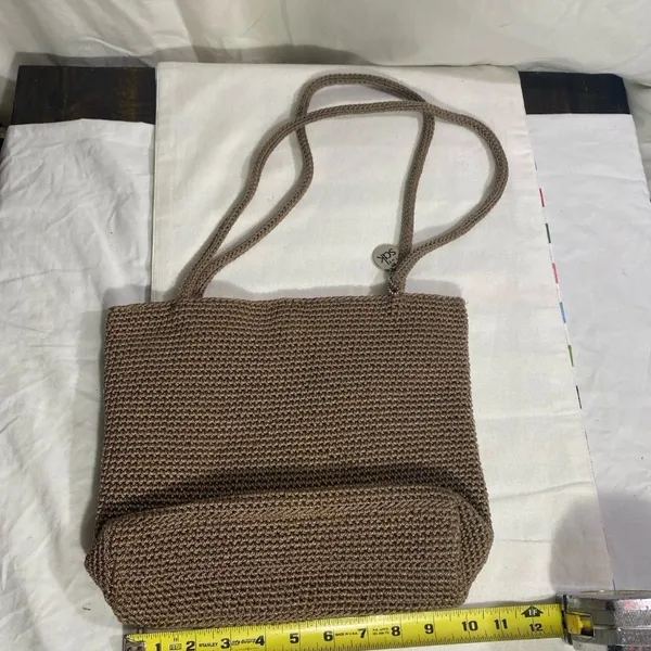 The Sak Crochet Knit Bag Brown Neutral Lined Shoulder Bag Zipper Pocket - Image 2