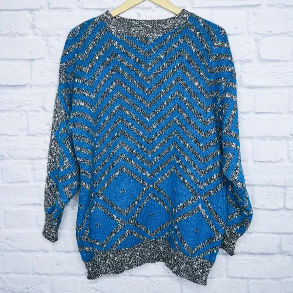 Vintage 80s Geometric Blue and Gray Zig Zag Sweater - Image 3
