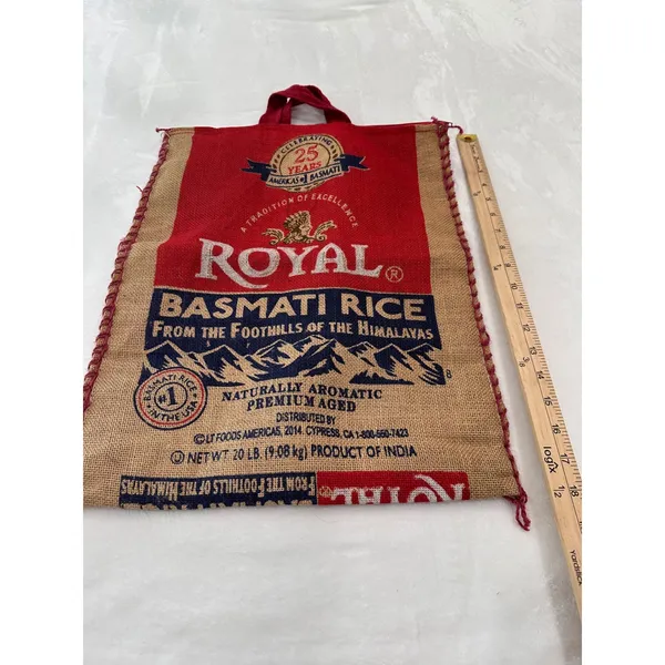 Royal Basmati Rice Burlap Tote Bag Reusable Zippered Market Sack Red Tan 18x13.5 - Image 5