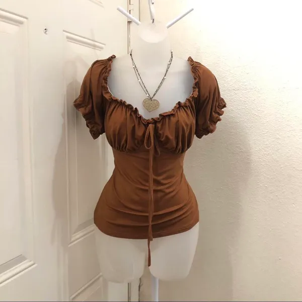 2000s Brown Whimsygoth Coquette Sweetheart Ruched bust Babydoll Bow Tie Front Top Shirt Blouse Short Sleeve Ruffle #Y2K #Whimsigoth #fairy Measurement in pics (has stretch) - Image 2