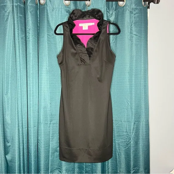 Gretchen Scott Jersey Ruffneck Dress Black Sleeveless Shift Sweetheart Size 4 - Image 3