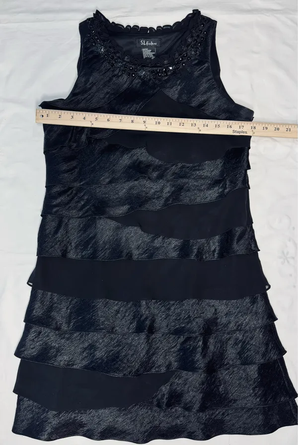 S.L. Fashions Size 14 Black Embellished Tiered Ruffle Cocktail Mini Dress - Image 7
