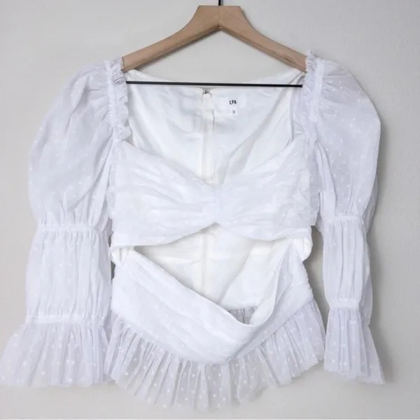 NEW LPA Dolores Top S Ivory Sheer Dot Puff Sleeve Cutout Pleated Peplum Tulle - Image 6