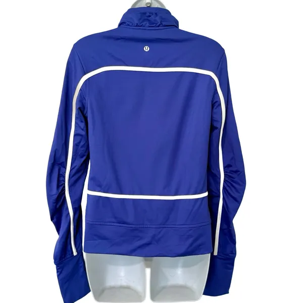 Lululemon Asana Blue Zip Up Track Jacket White Piping Thumbholes Size S / M - Image 6