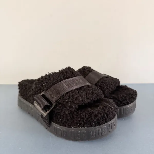 UGG Fluffita Black Platform Shearling‎ Slide Flatform Sandals - Image 2