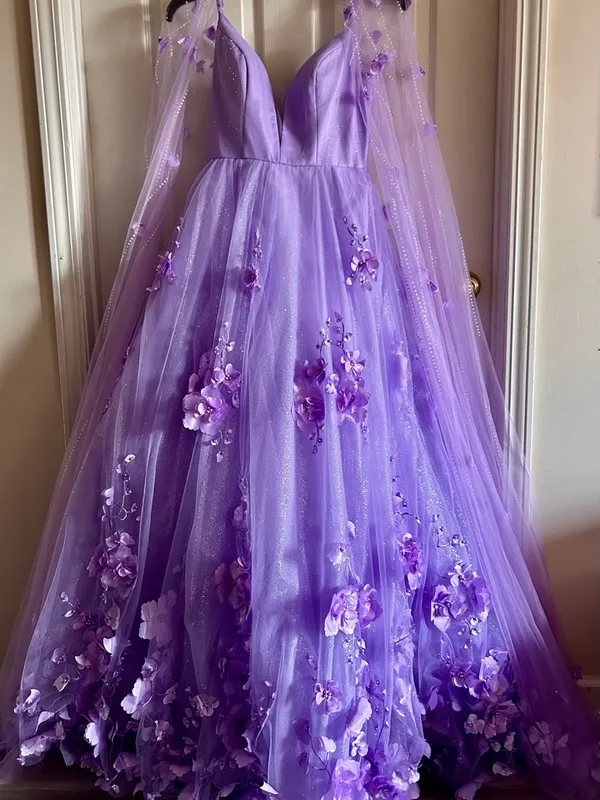 Ellie Wilde Lilac Embroidered Lace‎ Organza Sparkly Prom Dress w/Cape Sleeves 6 - Image 7