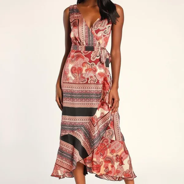 Lulus Women Wrap Dress XS Instantly Impressing‎ Red Multi Scarf Print Midi Party - Image 5