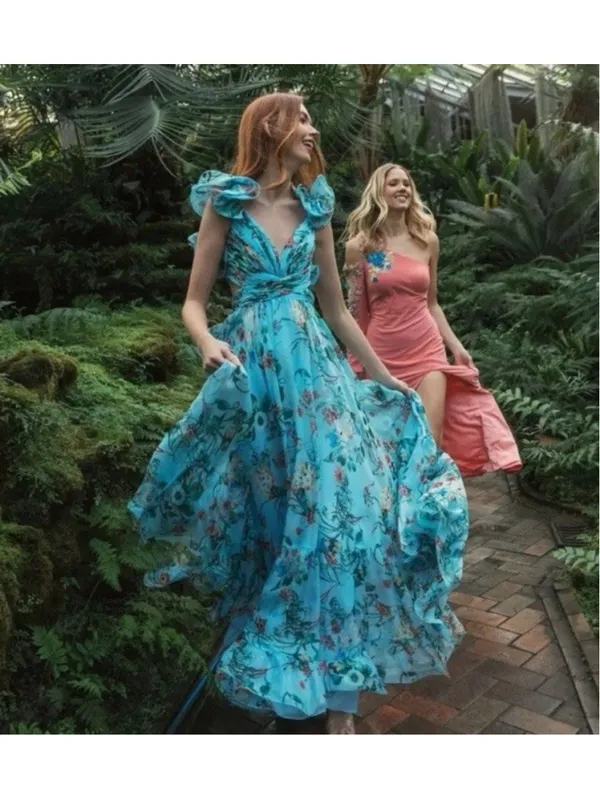 Mac Duggal Blue Ruffle Tiered Floral Cut-Out Chiffon Gown 6 Fairy Whimsy Formal - Image 2