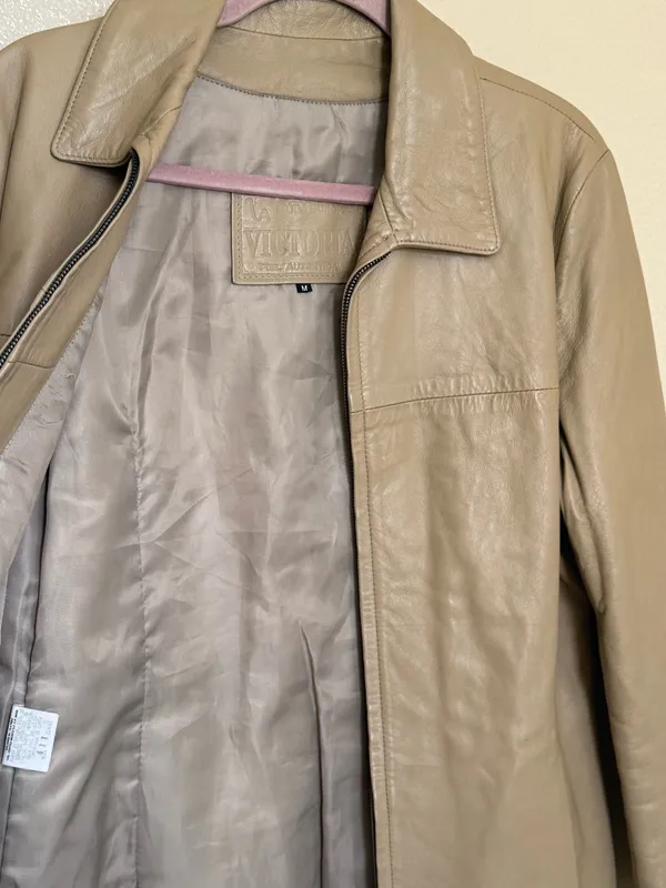 Vintage Victoria Genuine Leather Jacket M Taupe Minimalist Y2K Zip Quiet Luxury - Image 7