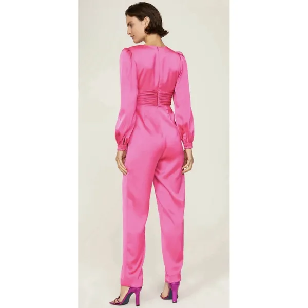 Mac Duggal Pink Plunge Neck Long Sleeve Satin Jumpsuit Size 12 $358 Fuchsia - Image 3
