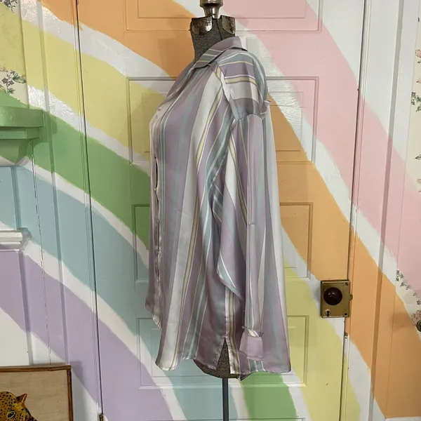 Free People Dreamy Days Satin Oversized Pastel Stripe Pajama Shirt Top XS 💛🎀 - Image 5