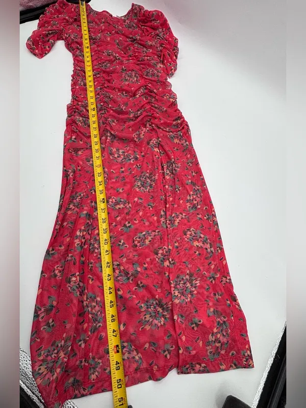 Free People Red Floral Ruched Midi Dress with Puff Sleeves - Image 9