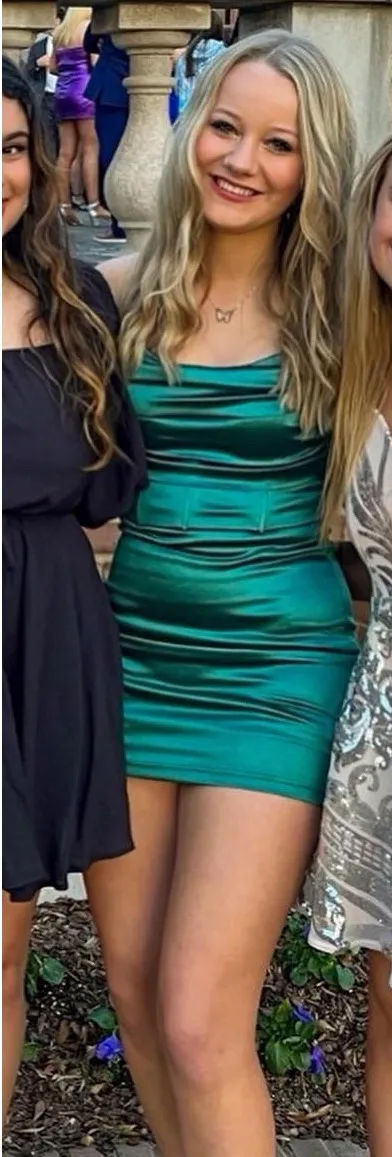 Bella Rose Boutique Boutique Emerald Green Satin Cowl Neck Mini Dress - Image 3