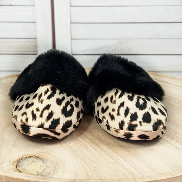 Victorias Secret Leopard Print Faux Fur Trim Satin Slippers‎ Tan Black Medium - Image 3