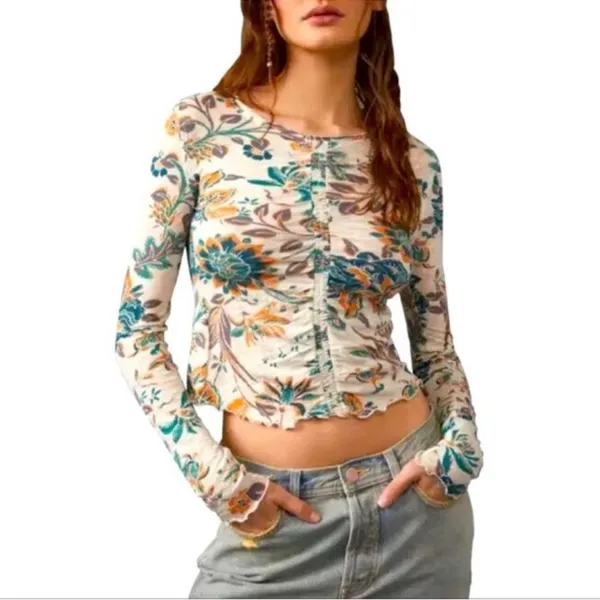 Free People Dreamed Of You Long Sleeve Lettuce Hem Floral Top NWT NEW Teal Combo - Image 5