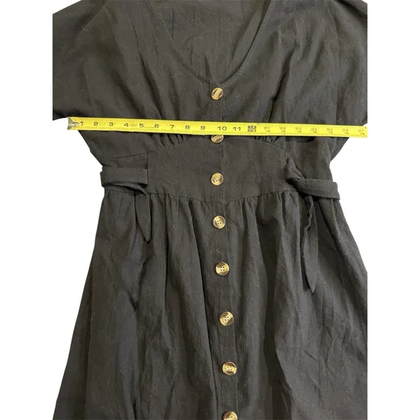 Womens Black Button Front Dress V Neck Tie Waist Short Sleeve Mini Large Classic - Image 4