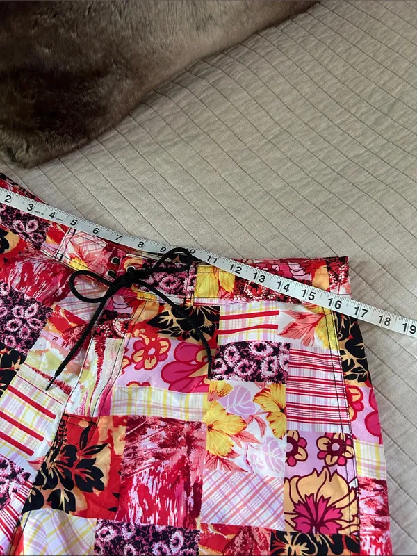 Vtg pink yellow black Hawaiian retro tropical patchwork boho 70’s board shorts L - Image 2