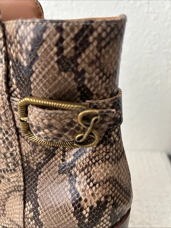 Sam & Libby Size 8.5 Faux Snake Skin Stacked Heel Jett Boots in Mocha Multi - Image 6