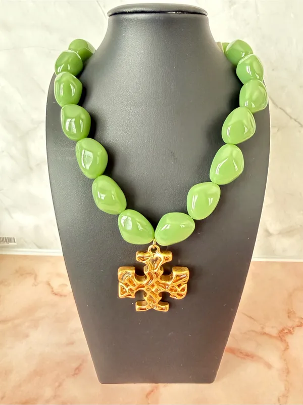 Tory Burch | Gold Plated Icon Pendant Necklace w/Green Beads | Magnetic Closure - Image 3