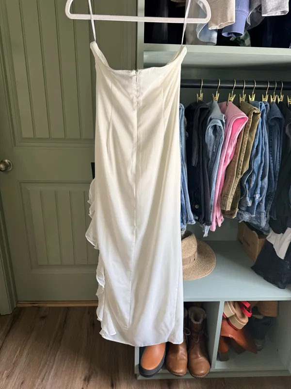Lulus Graceful Perfection White Satin Ruffled Strapless Dress - Image 3