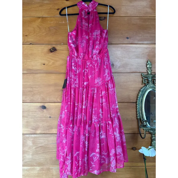 NWT Lulus Float to You Hot Pink Floral Print Halter-Neck Tiered Midi Dress Sz M - Image 6