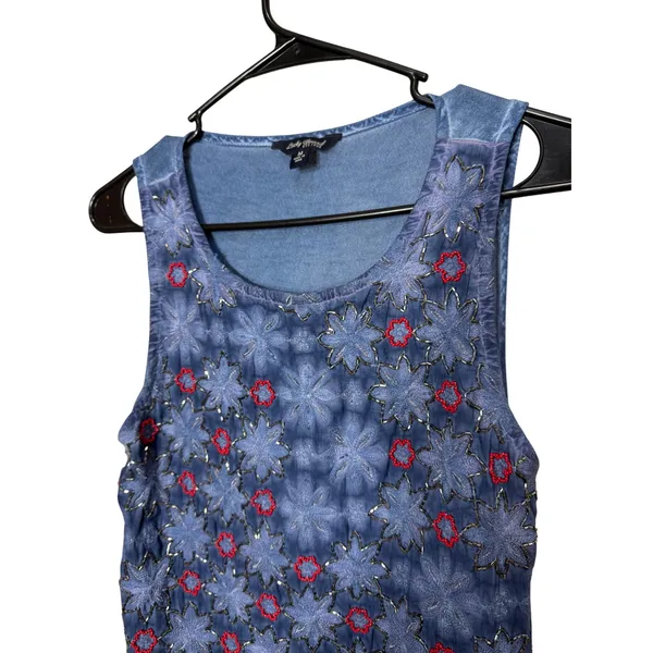Lucky Brand Embellished Tank Top Women Size M Blue Floral‎ Beaded - Image 2