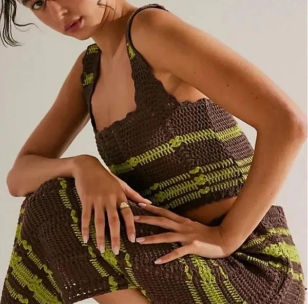 FREE PEOPLE Beach Cover up DONNI Sweater Set Crochet Skirt size small - Image 2