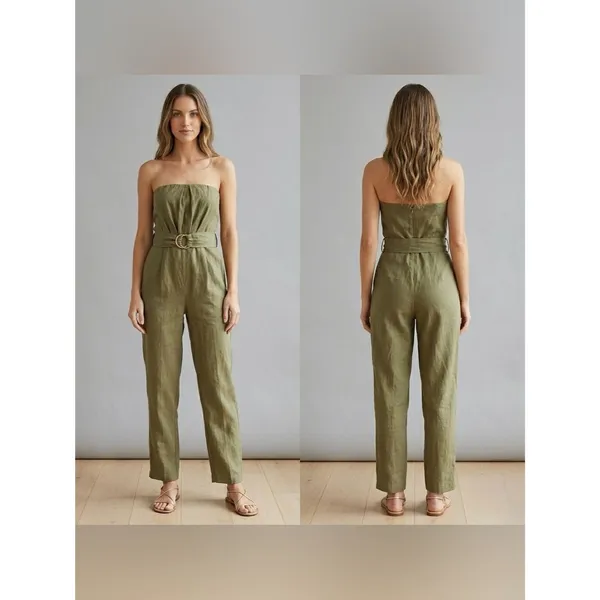NWT Zara Women’s Textured Belted Olive Strapless Jumpsuit with Pockets Size M - Image 2