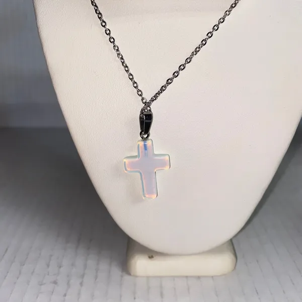Women's Faux Iridescent Opal Cross Silver-Tone Fashion Necklace - Image 6