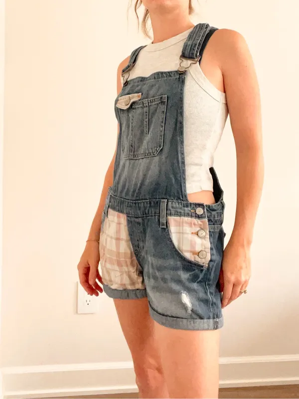 Vintage lei Blue Denim Short Overalls with Pink Plaid Patchwork Pockets - Image 2