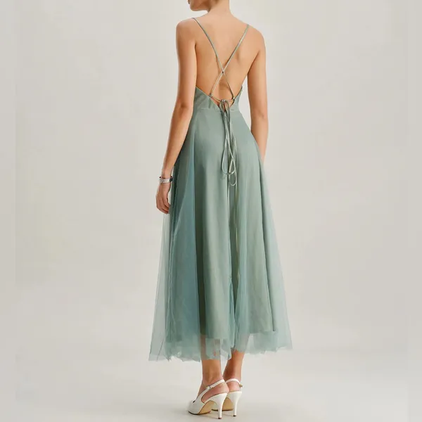 Rihoas Green Mesh Flowy Slip Midi Dress - Image 4