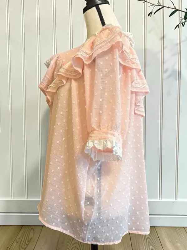 POL Pink Swiss Dot Ruffle Lace Blouse Size Large Cottagecore - Image 3