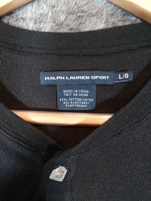Ralph Lauren Sport Black Ribbed Button Henley Top Speckle Womens Large - Image 2