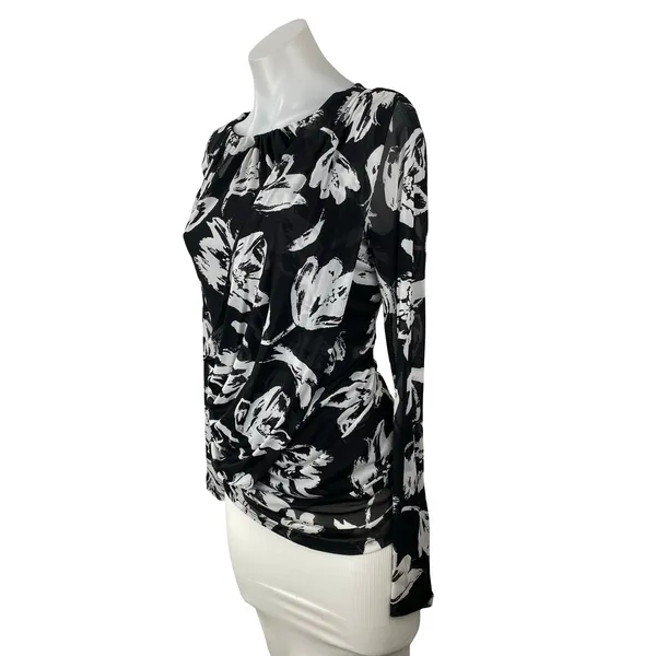 INC International Concepts Black White Floral Mesh Long Sleeve Blouse Top Size S - Image 2