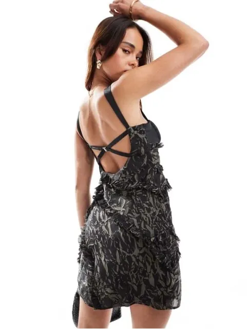 NWT Asos Satin Corset Textrued Asymmetric Grunge Floral Print Mini Dress Size 8 - Image 16