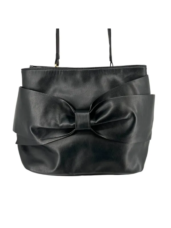 Betsey Johnson Black Bow Tote Faux Leather Floral Lining Whimsygoth Coquette - Image 2