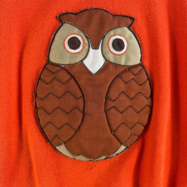 Vintage MCM M Medium Sweatshirt Owl Applique Raglan Pullover Orange Boho Kitschy - Image 4