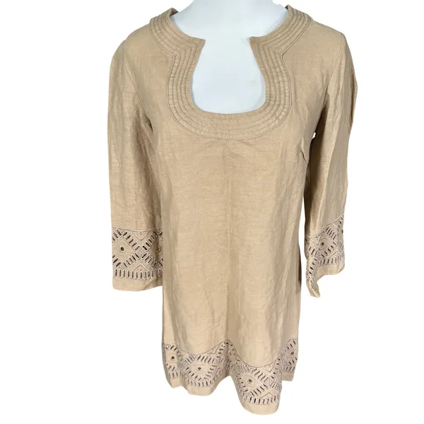 Max Studio Linen Blend Shift Dress Size S Tan Beige Cut‎ Out Neutral - Image 2