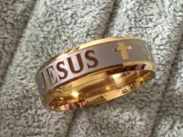 New Stainless Steel 8mm Jesus Gold Tone Band Ring Christian Cross Jewelry sz 8 - Image 2